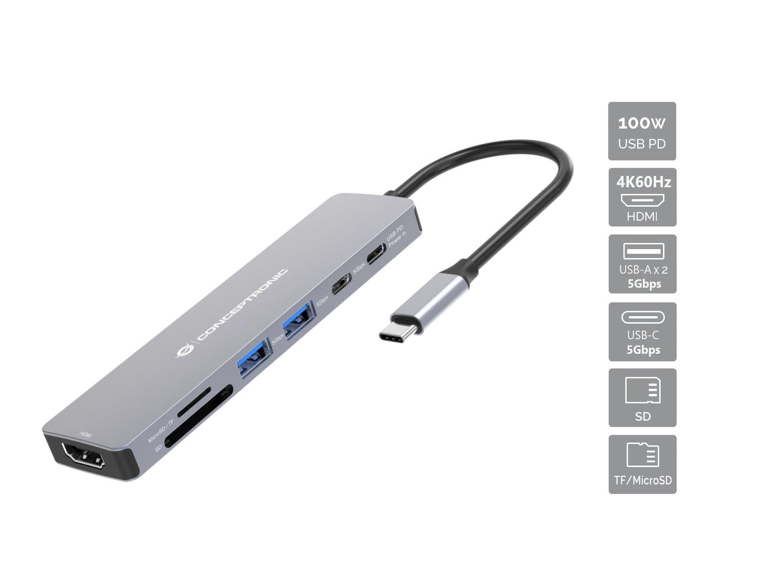 Conceptronic DONN28G station d'accueil Avec fil USB 3.2 Gen 1 (3.1 Gen 1) Type-C Gris