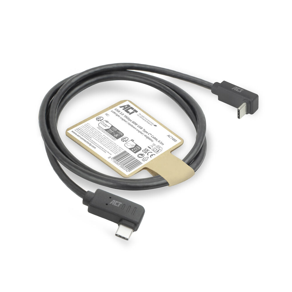 Câble ACT USB 3.0 Type-C 10 Gbit/s 60W Coudé 2m Noir Haute Performance