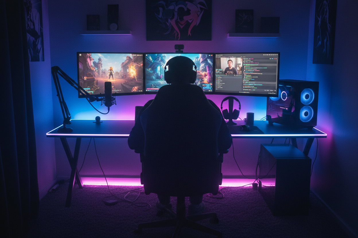 someone from the back looking at three computer screens in a room with neons like a stremer in a stream theme should be dark and the neons bringing a higlight on the setup make it as realistic as possible
